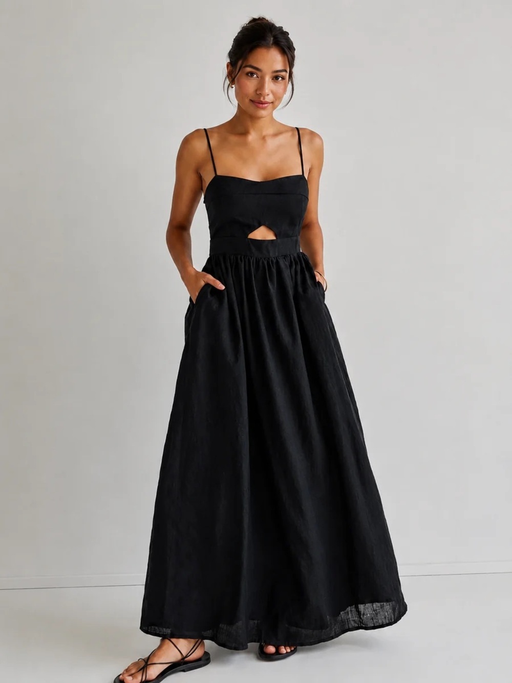 Commense Cotton Sleeveless Pockets Cutout Long Dress